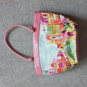 Talbots Venice Italy Watercolor Print Pink Leather Trimmed Tote